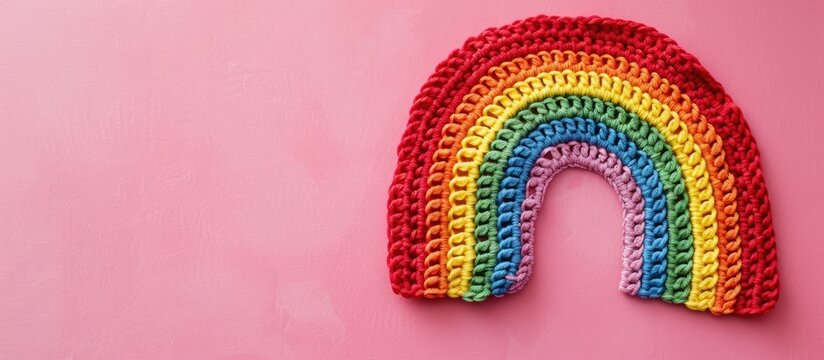 Crochet rainbow colors and Happy Pride lettering on pink background. LGBT flag gay pride community, equal rights movement and gender equality life concept