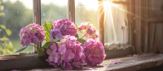 Sticker - Beautiful pink and purple hydrangea flowers in sunny light on wooden rustic window sill. Summer tender blooming. Pastel petals in sunlight indoors. Copy space image