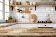 © DYNECREATIVE - Glossy wood table top with kitchen blurred background for product display.