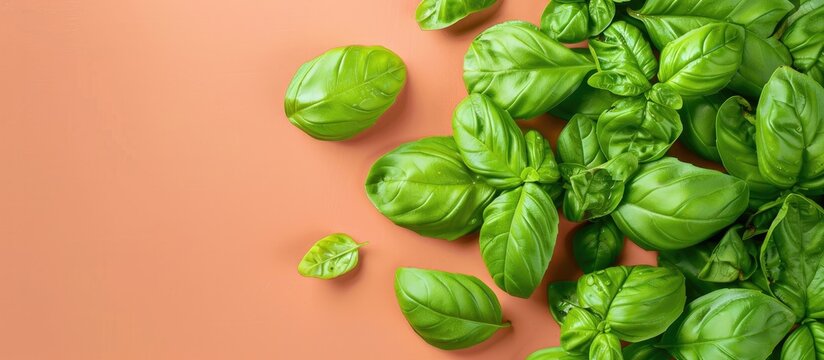 Pile of fresh basil leaves isolated on pastel background. Copy space image. Place for adding text and design