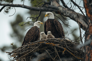 Wall Mural - Bald eagle family standing in nest with two chicks