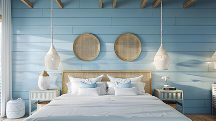 Wall Mural - Front view of modern bedroom interior in nautical marine style with blue decorative stucco wall wicker furniture ceiling wooden lamps white soft bed : Generative AI