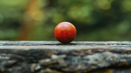 A close-up of a single orange ball resting on a textured surface with a blurred forest background.