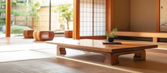 Poster - a handmade low table in a japanese-style room. copy space image. place for adding text and design