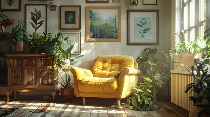 Cozy living room bathed in sunlight features a welcoming yellow armchair, wooden furnishings, and framed art, perfect for a relaxing day.