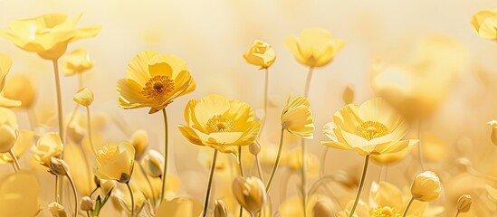 Sticker - Yellow wildflowers buttercup Isolated on pastel background. flower Ranunculus acris. Copy space image. Place for adding text and design