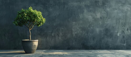 Poster - the tree in the pot on the cement floor has space. copy space image. place for adding text and desig