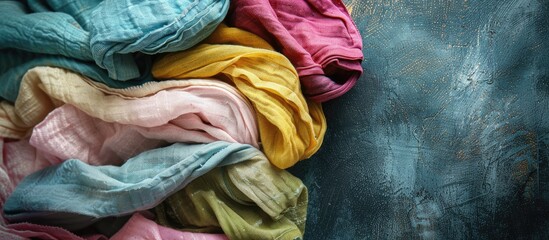 Wall Mural - Home interior, tailor, sewing, diy concept. Heap of colorful cloth fabrics. Color Wool, cotton linen clothes. Closeup. Top view. Copy space image. Place for adding text and design