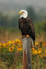 Wall Mural - Majestic bald eagle perched on fence post in field of wildflowers