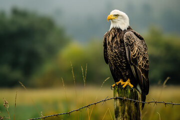 Wall Mural - Majestic bald eagle perched on fence post in countryside