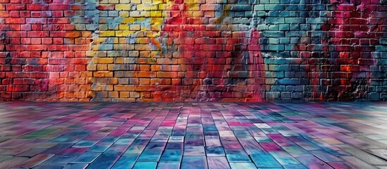 Poster - room interior with colorful brick wall and floor. copy space image. place for adding text and design