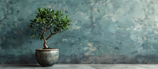 Poster - decorative tropical tree planted in ceramic pot. copy space image. place for adding text and design