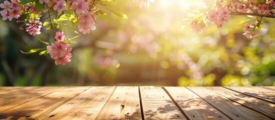 Poster - wooden desk of free space and spring time. Copy space image. Place for adding text and design