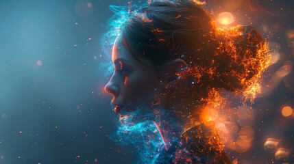 Wall Mural - a woman's profile radiating with blue and orange light, adorned in a sharp suit, representing the intersection of technology and style.