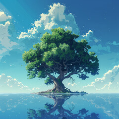 Wall Mural - A big tree in animation style, a big tree growing in the middle of the sea