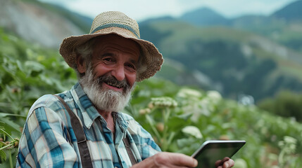 The smiling farmer with tablet, The background is a farm.