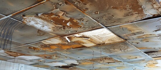 Sticker - Water damaged ceiling roof, brown stain, office building. Copy space image. Place for adding text and design