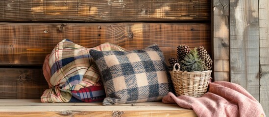 Wall Mural - wooden bench covered with a warm blanket with checkered cushions and a felt basket with cones. rustic wooden interior with bench with cushions. Copy space image. Place for adding text and design
