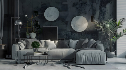Wall Mural - Modern grey living room with nautical decorations and decorative wall finish : Generative AI