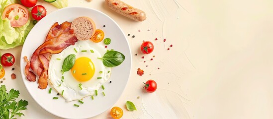 Wall Mural - Breakfast with bacon, fried egg and sausage on a white dish pastel background. Copy space image. Place for adding text and design