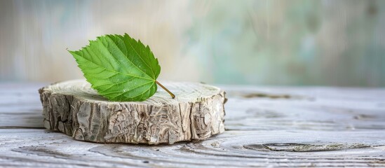 Canvas Print - Green leaf white  Sounded on the stump Placed on a pastel background. Copy space image. Place for adding text and design