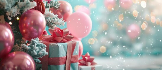 Poster - pink gift boxes under a Christmas tree decorated with balloons. Copy space image. Place for adding text and design