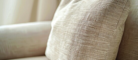 Poster - close up of natural color sofa with soft pillow interior concept. copy space image. place for adding