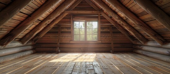 Wall Mural - Empty attic in a log house. Copy space image. Place for adding text and design