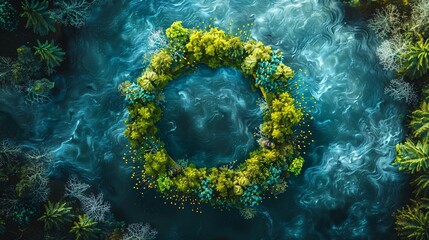 a circular economy as an infinite loop, integrated within a vibrant ecosystem, symbolizing sustainable commercial expansion