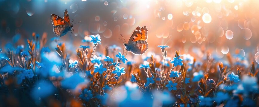 Beautiful Summer Or Spring Meadow With Blue Forget-Me-Nots Flowers And Two Flying Butterflies, Creating A Picturesque And Serene Scene