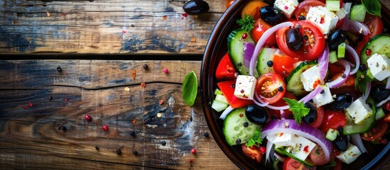 Wall Mural - Fresh Greek salad - feta cheese, tomatoes, cucumber, red pepper, black olives and onion on wooden table. Copy space image. Place for adding text and design