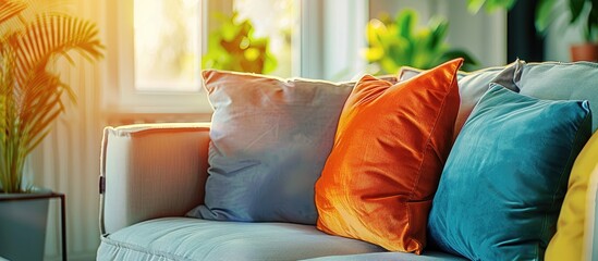 Poster - pillow sofa and chair decoration in livingroom interior - vintage light filter. copy space image. pl