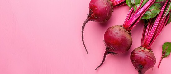 Fresh leaf beet root Isolated on pastel background. Copy space image. Place for adding text and design