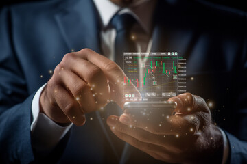 Fototapete - A man is holding a cell phone and touching a screen that shows a stock market graph. The man is dressed in a suit and tie, giving the impression of a professional investor.Generative ai illustration.