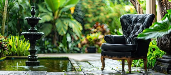 Wall Mural - Black chair in wood patio at green garden with fountain in house. Outdoor garden. Copy space image. Place for adding text or design