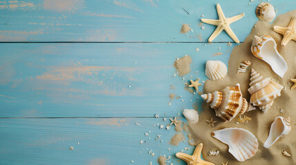 Poster - Summer time concept with sea shells and starfish on a blue wooden background and sand : Generative AI