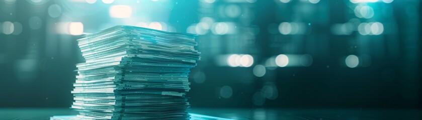 Poster - a holographic projection of a stack of unpaid bills and a bankruptcy form hovers in a dimly lit spac