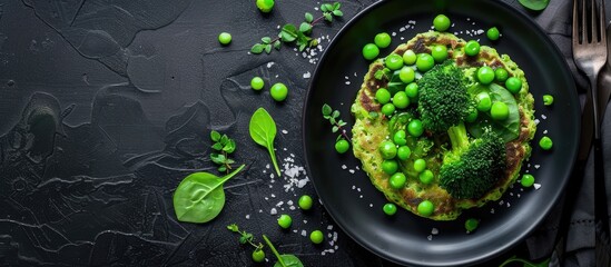 Poster - Green broccoli and pea pancakes (cutlets) on black plate. Healthy vegan food concept. Copy space image. Place for adding text and design