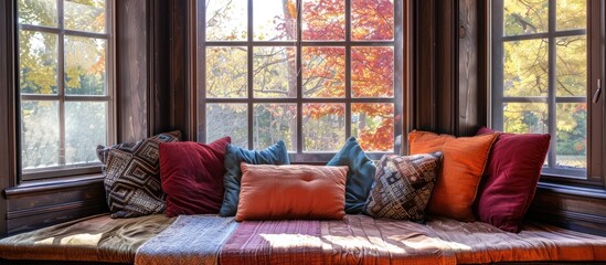 Poster - A window seat covered in throw pillows. Copy space image. Place for adding text and design