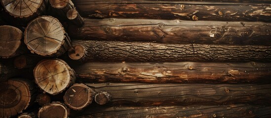 Sticker - wood texture, background from logs, log cabin . Copy space image. Place for adding text and design