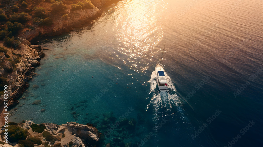 Aerial view of the speed boat in clear blue water at sunset in summer ...