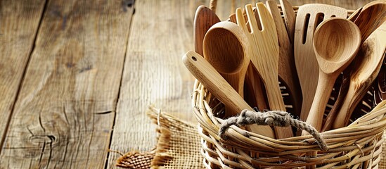 Poster - Wood Kitchen utensils in basket with copy space.