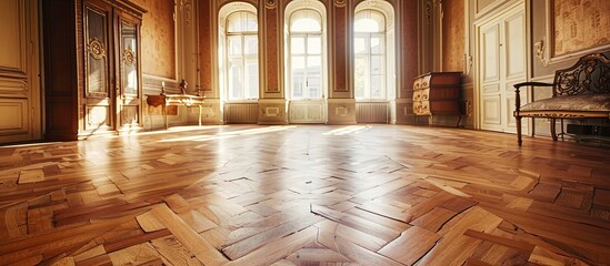 Poster - Room with old wooden furniture and parquet floors made of jatoba wood. Copy space image. Place for adding text and design