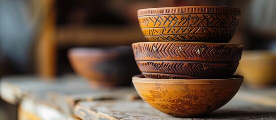 Poster - Handmade ceramics in the style of wabi sabi. Brown clay bowls with an abstract pattern. Copy space image. Place for adding text and design