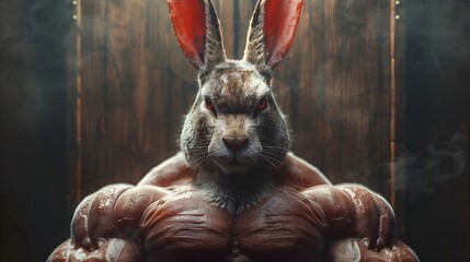 Wall Mural - Imposing Humanoid Rabbit Bodybuilder with Shredded Physique and Dramatic Shadows