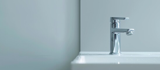 Canvas Print - Modern stainless steel water tap. Isolated on white  Grey background| Plumbing for bathroom shower. Copy space image. Place for adding text and design