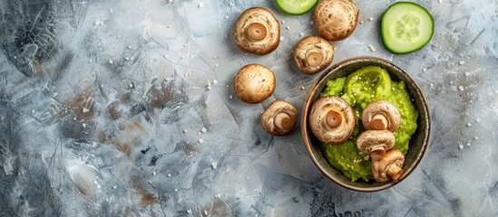 Wall Mural - fried mushrooms with green puree and cucumber slice top view with copy space. vegetarian food recipes for cook book or cafe menu. Copy space image. Place for adding text or design