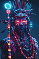 Wall Mural - Techno Shaman with Glowing Tribal Tattoos and Levitating Totem Staff in Pulsing Neon Fusion Landscape