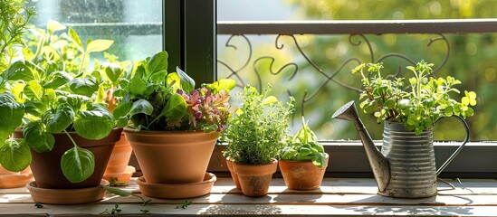 clay pots with fresh green salad and other plants and herbs stand on the windowsill on the balcony, next to a watering can and a sprayer for caring for plants. home gardening