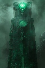 Poster - Towering Alien Stargate with Radiant Green Illumination and Complex Sigils in Dreamlike Sci-Fi Backdrop